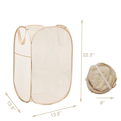 2Pack Collapsible Laundry Basket with Side Pocket, Mesh Pop Up Hamper Portable Carrying Handle, Cruise Room Storage Basket (Beige+Green) - color: Beige+Green