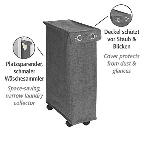 WENKO Slim Laundry Basket with Wheels, Thin Laundry Hamper, Rolling Laundry Bin with Lid, Space Saving Narrow Laundry Hamper for dirty Clothes Storage, 23.6 x 15.8 x 7.3 in, Gray - color: Black & White Tweed