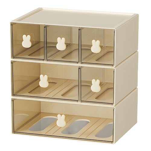 Desktop Storage Drawers, Plastic Desk Organizer with 6 Drawers, Modular Stackable Toolbox Units for Office Stationary, Makeup Container, Bathroom Countertop (3 Tiers, Cream & Clear) - color: 3 Tall Layers & 6 Drawers, Cream & Clear
