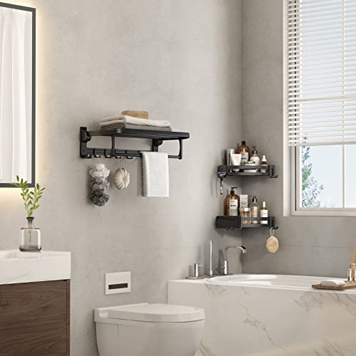 VOLPONE Corner Shower Caddy with Razor Holder Adhesive Shower Shelf Corner No Drilling (adhesive mounting, no suction cup) Bathroom Shower Organizer Storage Rack (2-Pack, Black) - style: Without Suction Cup Triangle with Hooks 2 Tier Black