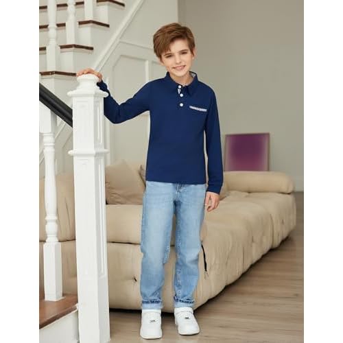 Arshiner Boy's Long Sleeve Plaid Trim Polo Shirt School Uniform Shirt with Pocket for 4-12 Years