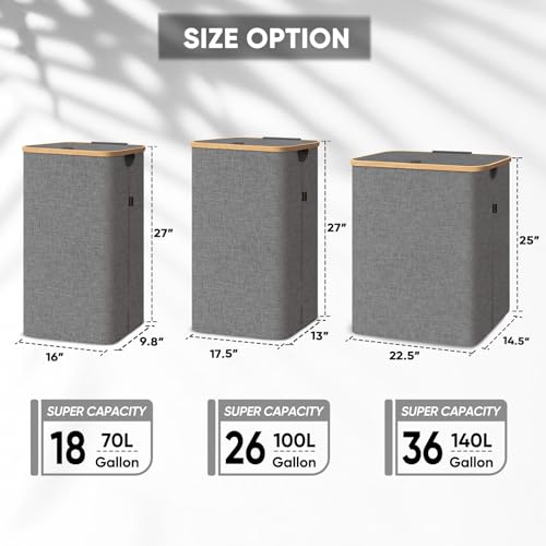 BALEINE Laundry Hamper with Lid, Tall Laundry Baskets with Bamboo Pull Handles, Large Laundry Bin with Internal Support (26 Gal/100L, Beige) - color: Beige, size: 100 liters