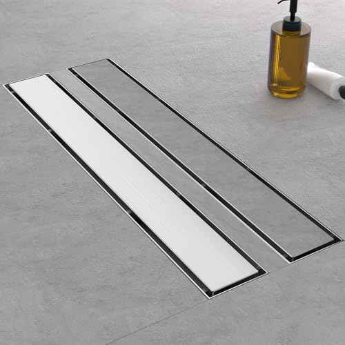 Linear Shower Drain, 24 Inch Brushed Nickel 304 Stainless Steel Shower Drain with Tile Insert Panels, Long Rectangle Shower Floor Drain with Adjustable Feet, Hair Catcher, Fits Bathroom, Balcony
