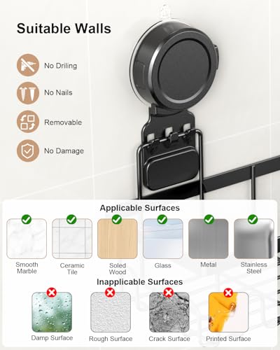 JOTPE Shower Caddy Suction Cup 5 Pack, No Drilling & Removable Suction Cup Shower Shelf for Bathroom with Large Capacity, Powerful Shower Organizer Max Hold 40 lbs, Waterproof Bathroom Shelf, Black - size: Size: 5 x Medium
