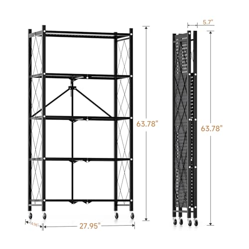 Simple Deluxe 5-Tier Folding Storage Shelves, 27.95" W x 14.96" D x 63.78" H Foldable Shelving Unit, 1250 Lbs Loading Capacity, Black - color: Black, size: 5-Tier, 28"W x 15"D x 64"H