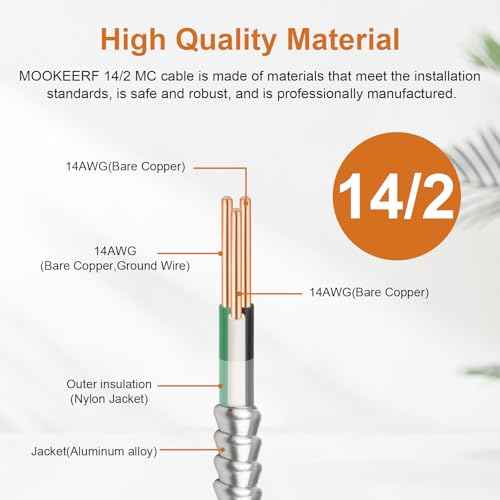 14/2 MC Cable with Ground - 50FT Pure Copper 14AWG/2 Metal Clad Wire with Aluminum Armor 14 Gauge 2 Conductor Type MC Alum Cable