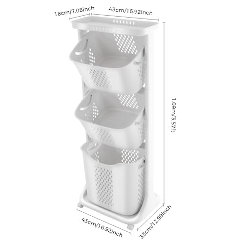 Rolling Laundry Basket Hamper, Laundry Sorter Cart 3 Section on Wheels, Stackable Tiered Organizer Baskets Shelf Rack Storage w/Compartment for Bedrooms, Classrooms, Laundry Rooms