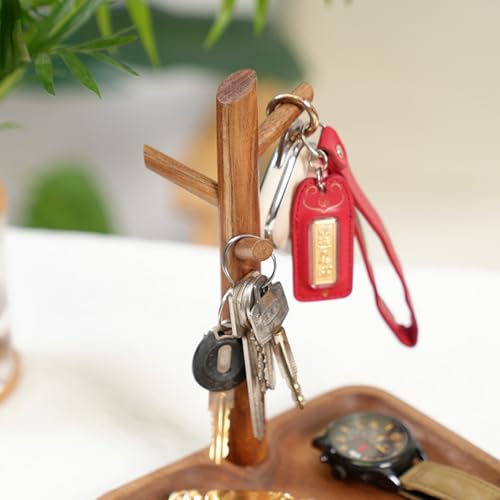 Wooden Key Holder with Tray, Tree Shaped Key Stand & Key Tray for Entryway Table, Rustic Home Organizer for Keys Jewelry