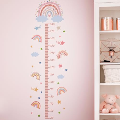 3D Cartoon Height Growth Chart for Kids - Removable DIY Pink Rainbow Wall Decal Peel and Stick Stars and White Clouds Wall Art Decor for Kids Nursery, Bedroom, Bathroom