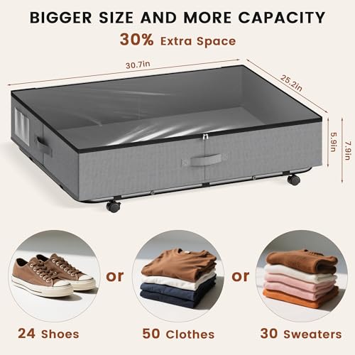 XXXL 78L Under Bed Storage with Wheels, Rolling Storage Containers with Clear Lid & Label, Heavy-Duty Metal Frame, Easy Pull-out, Underbed Storage Bins for Clothes, Shoes, Blankets, and Toys(2PACK) - size: 78L-2pack