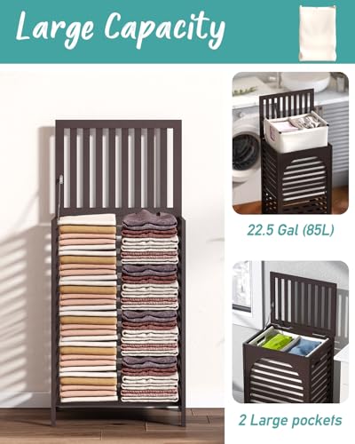 Laundry Hamper, 22.5 Gallon (85L) Bamboo Wood Clothes Laundry Basket with Lid and Handles, Removable Liner (Brown, Large) - color: Brown, size: Large
