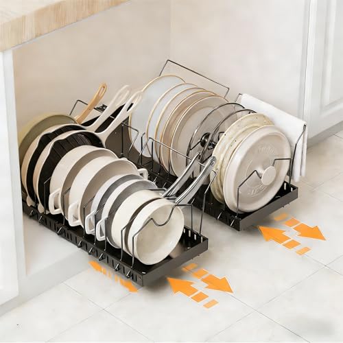 DTUQYX Pull Out Pot and Pan Organizer - 2 Pack Pots and Pans Organizer Under Cabinet Expandable Kitchen Pot Lid No Drill with 20 Adjustable Dividers and Towel Bar（Black,16.53-21.25in） - color: Matte black