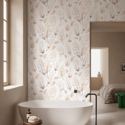 Feather Peel and Stick Wallpaper 17.3"¡¿120" Gold White Contact Paper Modern Feather Wallpaper Self-Adhesive Vinyl Wall Paper Waterproof Contact Papers Shelf Drawer Liner Roll for Bedroom Living Room