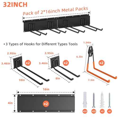 Garage Storage, Ultimate Wall-Mounted Garage Organizer for Men 32Inch, Heavy Duty 330lbs Tool Rack with Adjustable Metal Hooks Yard, Shed & Workshop Storage for Tools, Bikes, Snowboards Gift