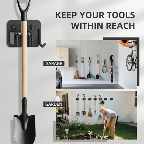Broom Holder Wall Mount with Screws (4 Pack) Broom and Mop Organizer Wall Hanging, Anti-Slip Mop Holder Broom Hanger with Hooks, Stainless Steel Tool Rack for Garden Garage Organization - color: Black