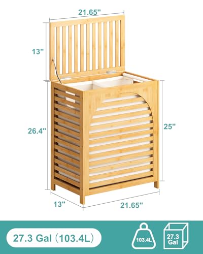 Laundry Hamper with Lid, 27.3 Gallon (103L) Bamboo Wood Clothes Laundry Basket with Lid and Handles, Removable Liner - color: Natural, size: Extra Large
