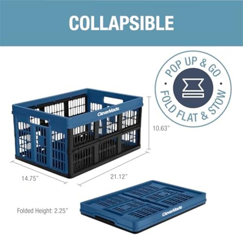 CleverMade Collapsible Utility Crates, Ocean, 3 Pack, 45L/11 Gal, 66 lbs Capacity, Stackable Containers, Heavy Duty, Space-Saving Baskets,Polypropylene (PP) - color: Ocean, size: 45L - 3 Pack
