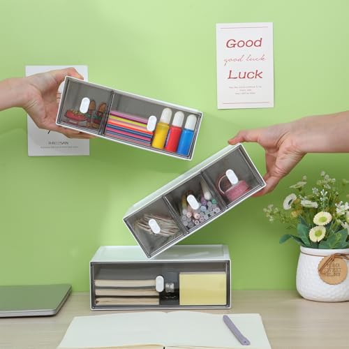Desktop Storage Drawers, Plastic Desk Organizer with 2 Drawers, Modular Stackable Toolbox Units for Office Stationary, Makeup Container, Bathroom Countertop (Tall Layer, White & Clear) - color: 1 Tall Layer & 2 Drawers, White & Clear