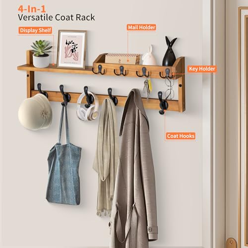 Coat Rack Wall Mount with Shelf, 27.5" Entryway Wall Hanging Shelf, Coat and Key Hanger with 10 Dual Hooks, Mail Organizer and Key Holder Hat Rack for Wall, Wood Coat Hooks with Storage - color: Brown