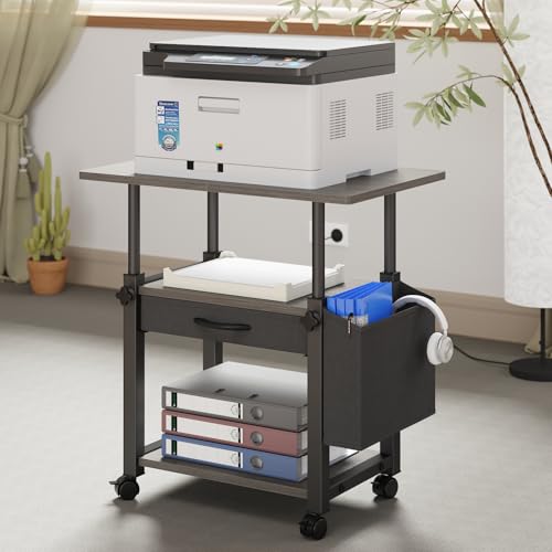 YAOHUOO 22"x15" Large Printer Stand with Drawer and-side Bag, Adjustable 3-Tier Printer Cart for Home Office, Rolling Printer Stand Fit Heat Press/Laser/3D Printer (Grey) - color: Gray, size: 3-Tier
