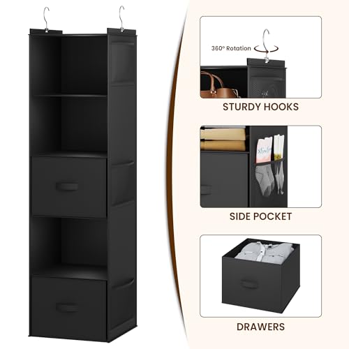 YOUDENOVA Hanging Closet Organizer, 5 Tier Hanging Closet Shelves with 6 Side Pockets and 2 Drawers, Black - color: Black