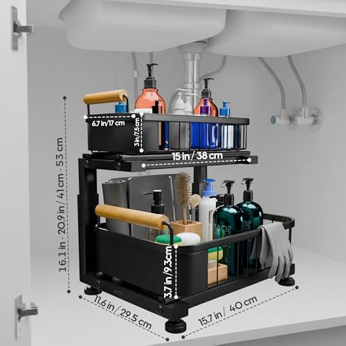 Premium Heavy Duty Carbon Steel Under Sink Organizer, Large 2 Tier Pull Out Cabinet Organizer, 7 Adjustable Heights with Smooth Ball Bearing Sliding Baskets for Bathroom & Kitchen