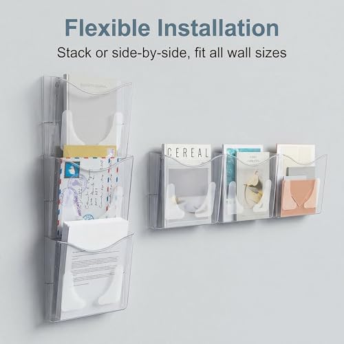 PAG 6-Pocket Clear Wall Mount File Organizer for Office, Vertical Hanging Document Paper Folder Holder for Home, Letter Size Mail Sorter, Transparent Magazine Literature Rack with Mounting Hardware