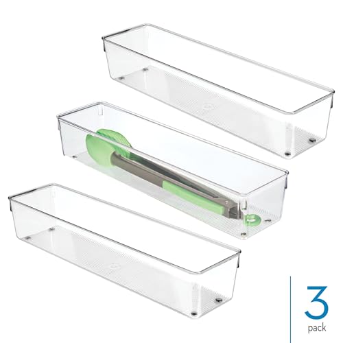 iDesign Plastic Drawer Organizer Bins - Storage for Kitchen, Bathroom, and Desk Drawers - Set of 3 - Clear - size: 4 x 16 x 3, style: Pack of 3