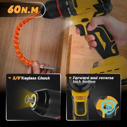 Cordless Drill Driver, Electric Drill for Dewalt 20V Battery, Brushless Driver with 2 Variable Speeds, 25+1 Torque, 3/8" Keyless Chuck, 60N.M for Home Repairing(No Battery)