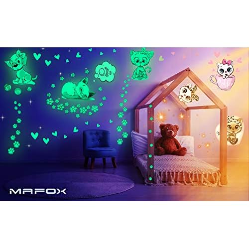 Glow in The Dark Cat Stickers with Dog and Fish, Wall Decals Sticker for Kids Bedding Room, Great for Birthday Gift Glowing Cat for Girls and Boys