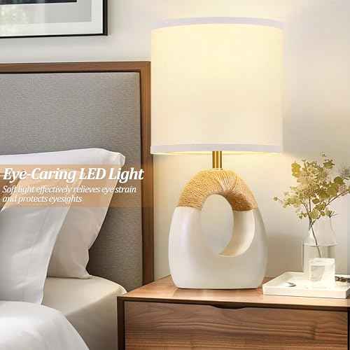 Table Lamp for Bedroom Set of 2 - Bedside Table Lamps with 3 Color Temperatures - Boho Rattan Lamps for NightStands Small White Farmhouse Living Room Lamps for Reading Sleeping Bulbs Included