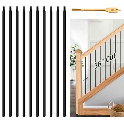 10 Pack Iron Stair Balusters, 36"" Balusters for Staircase Interior, Stair Spindles Hollow Single Basket with Knuckles Double Twist 1/2"" Square Metal Stair Wrought Iron Balusters, Black
