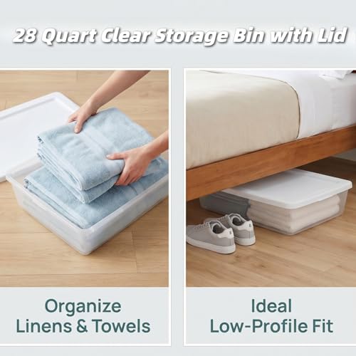 (2 pack) 28 Quart Clear Storage Bin with Lid, Under Bed Storage Container, Low-Profile Stackable Plastic Bin for Clothes, Towels