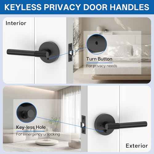 Amerdeco 3 Pack Matte Black Door Handles Interior,Knurled Privacy Door Handles with Lock,Heavy Duty Black Door Lever for Bedroom or Bathroom,Reversible Keyless for Left Right Handed Doors AM0027