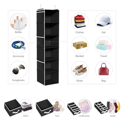 Univivi 6 Shelf Hanging Closet Organizer and Storage with 4 Removable Drawers & 6 Side Pockets,Wardrobe Clothes Organizer,Closet Hanging Shelves,Hanging Storage Organizer,Foldable