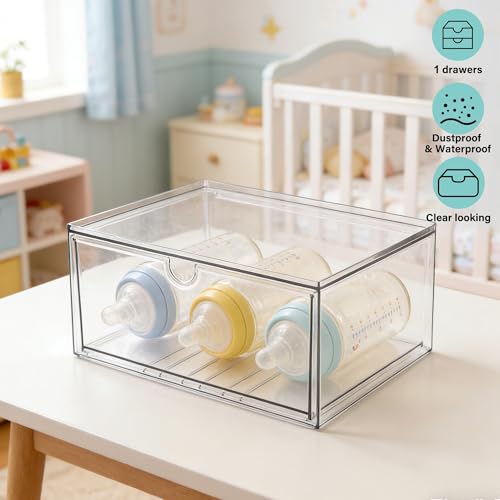 Prsildan Acrylic Makeup Organizer Stackable Clear Storage Drawers for Baby Bottles Desk Organizers for Countertop Vanity Nursery Adjustable Modular System for Cosmetics Jewelry - style: Style1-1 Drawer