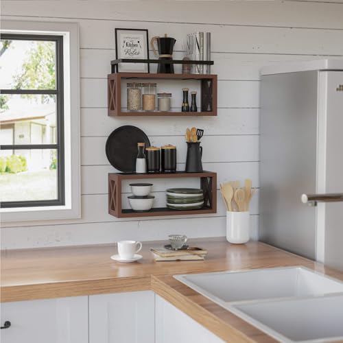 RICHER HOUSE Floating Wood Shelves with Guardrail, Rustic Brown, Wall Mounted, 2 Shelves, Farmhouse Style - color: Rustic Brown