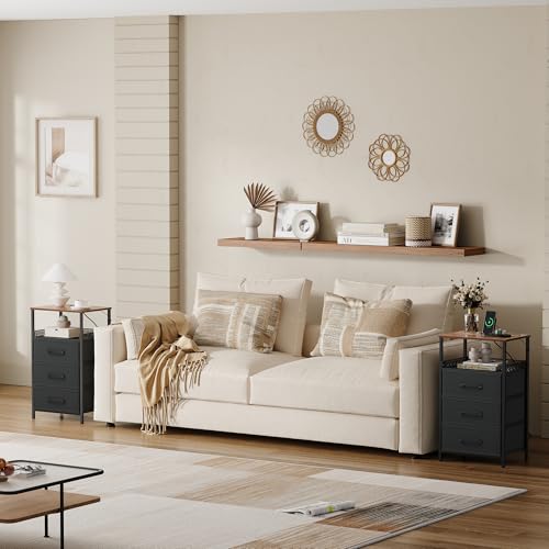 JARHETUN Night Stand Set 2 with Charging Station, 3 Drawer Nightstands with LED Lights, End Table with Outlets and USB Ports, Side Table with Open Shelf, Bedside Tables for Bedroom, Rustic Brown - color: Rustic Brown, style: Power & LED