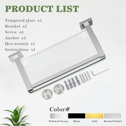 Alise Glass Shelves for Bathroom Wall, Tempered Glass Bathroom Shelf Wall Mounted, Modern Space Saving Floating Shelves 12 inch, Polished Chrome - color: Polished Chrome, size: 12 inch