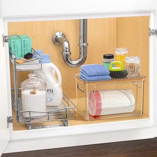 Hudgan Stackable Storage with Bamboo Top for Laundry Room Organization, Extra Large Trash Bag/Garbage Bag Dispenser, Under Sink Organizer, Pantry Organizers