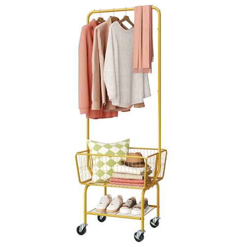Tajsoon Laundry Cart with Wheels, Metal Rolling Laundry Hamper with Hanging Rack, Storage Basket and Shelf, Gold - color: Gold