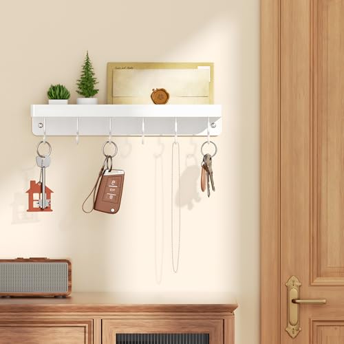 niffgaff White Key Holder Wall Mount, Stainless Steel Self Adhesive Hooks Rack with Shelf, No Drill Key Hanger for Door and Wall - color: White