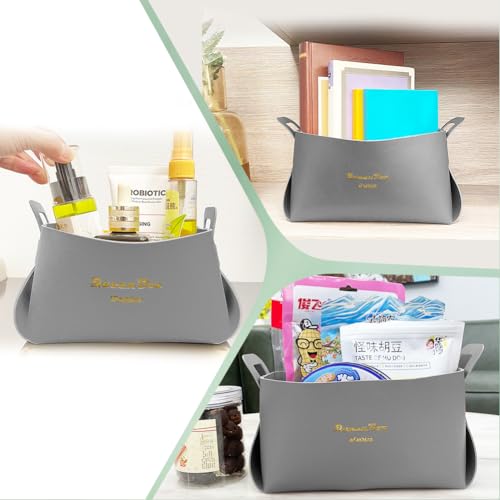 Foldable Storage Basket Bin PU Leather Desktop Organizer Box Gray Small Catchall Basket Rectangle Tray Double Handles for Entryway Bedside Dresser End Table Cosmetic Jewelry Key Wallet - color: Gray
