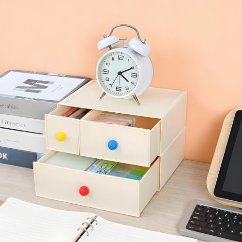 Desktop Storage Drawers, Plastic Desk Organizer with 2 Drawers, Modular Stackable Toolbox Units for Office Stationary, Makeup Container, Bathroom Countertop (1 Tall Layer, Cream) - color: 1 Tall Layer & 2 Drawers, Cream