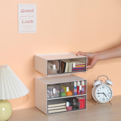 Desktop Storage Drawers, Plastic Desk Organizer with 1 Large Drawer, Modular Stackable Toolbox Units for Office Stationary, Makeup Container, Bathroom Countertop (1 Tall Layer, White & Clear) - color: 1 Tall Layer & 1 Drawer, White & Clear