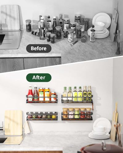 Doakhirmit Wall Mounted Spice Rack with 16 Hooks, Rustic Wood Spice Organizer Shelf for Stove Cabinet Pantry Door,Screw or Adhesive Hanging Spice Shelf,Wall Spice Rack in Kitchen and RV,2 Pack - size: 2 Pack