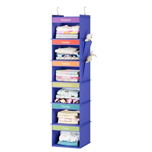 YOUDENOVA 6-Shelf Weekly Hanging Closet Organizer, Weekly Clothes Organizers for Kids with 2 Side Pockets, Blue - color: Blue