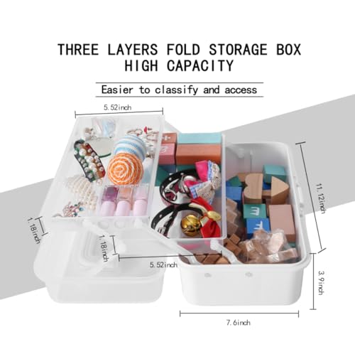 11(in) Versatile Three-Layer Folding Organizer Box,Ideal for Art & Crafts,Toys,Sewing Supplies,Jewelry and Tools,Storage with Dual Trays,Elegant White - color: White