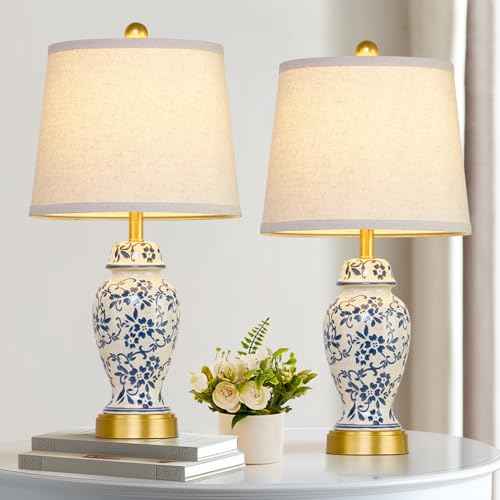 RORIANO Chinoiserie Ceramic Table Lamps Set of 2 for Living Room Bedroom Bedside, Traditional Blue Porcelain Classic Table Lamp for Nightstand Entryway, 2 LED Bulbs Included (Gold)