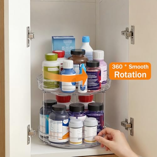 Optish 2 Tier Lazy Susan Organizer, 9.5" Rotating Spice Rack Turntable Organizer for Cabinet, Pantry, Countertop, Bathroom, Kitchen, Vanity, Medicine Cabinet Organization